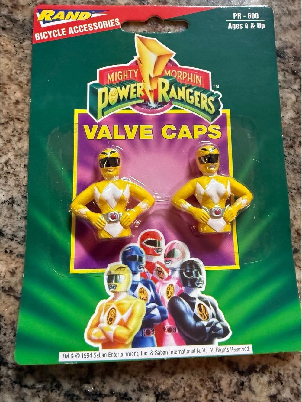 Vintage 1994 Mighty Morphin Power Rangers Yellow Ranger Valve Caps RAND Sealed